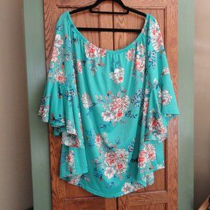 Stem & Vine 2X Aqua Floral Off the Shoulder Blouse Top Ruffled/Bell Sleeves NWT